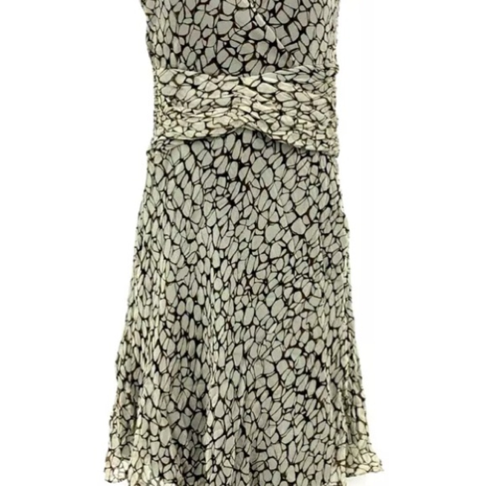 London Times Dress Size 8 Black Brown Sleeveless V-Neck Silk Flounce Women